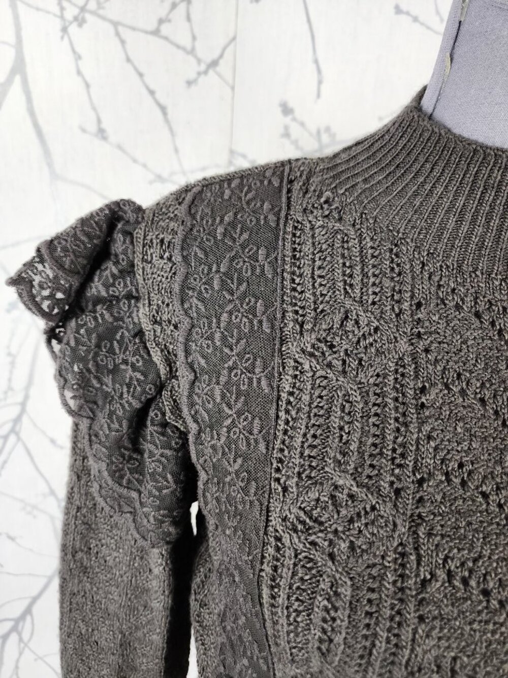 Zara Gray Lace Ruffle Trim Mockneck Cropped Sweater - Picture 3 of 8